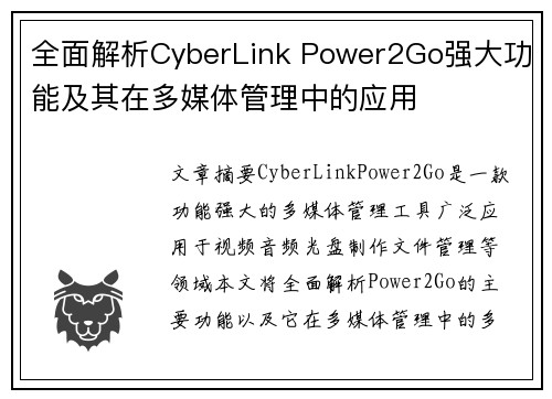 全面解析CyberLink Power2Go强大功能及其在多媒体管理中的应用