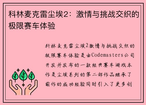 科林麦克雷尘埃2：激情与挑战交织的极限赛车体验